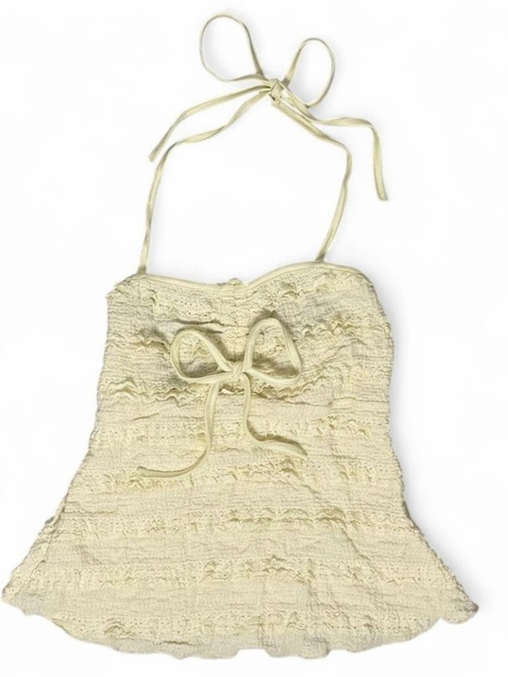 Y2K Butter Yellow Bow Halter Tie Top XS Coquette Babydoll Brandy Ruched Cami